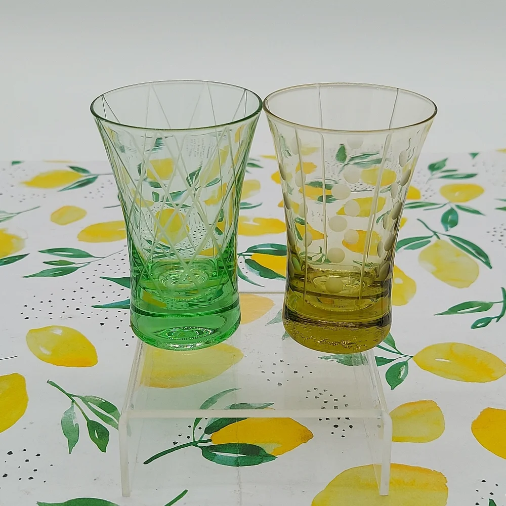 Set of 2 Vintage Glasses Shot Cordial Liquor Whiskey Neon Yellow Green